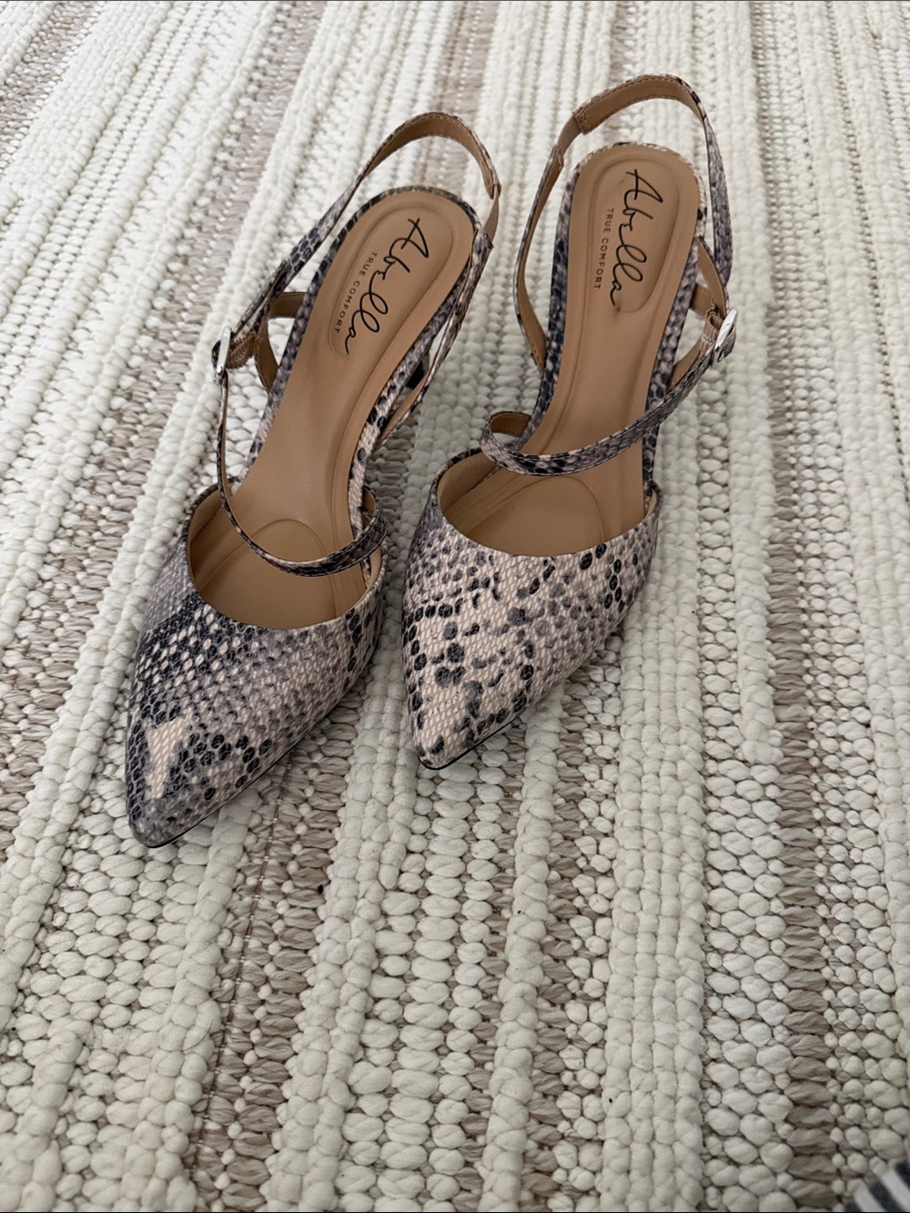 Abella Snake-Print Pointed Slingback Heels in Beige and Black